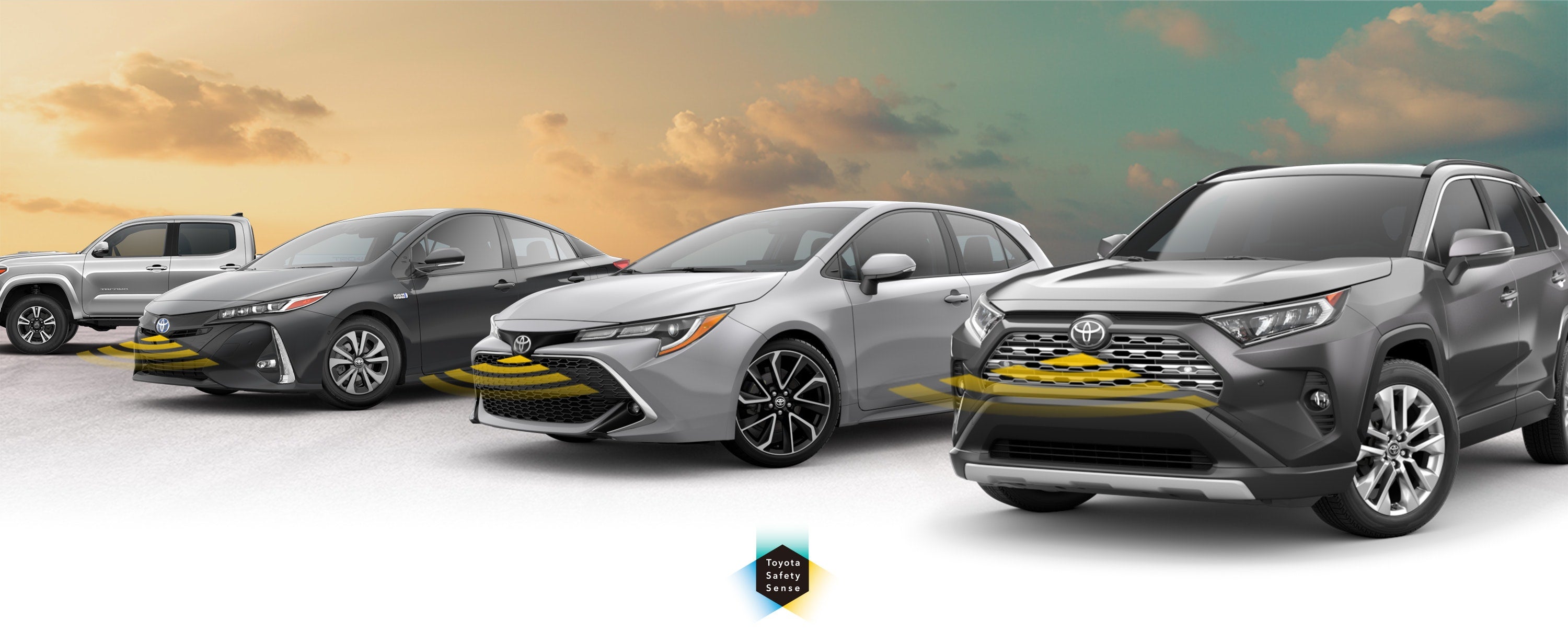 Toyota Safety Sense: Designed for Safety. Options shown on Toyota models including RAV4, Tacoma, and Camry, available now at DELLA Toyota of Plattsburgh in Plattsburgh NY.